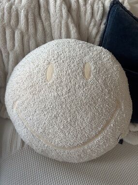 Smiley Face Round Bouclé Pillow in Cream